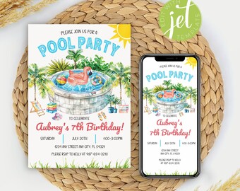 EDITABLE Pool Party Birthday Invitation Template, Any Age, Swimming Birthday Party, Tropical Invite, Girl Birthday, Flamingo, Printable