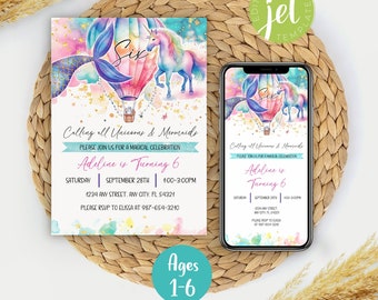 May include: A printable invitation for a unicorn and mermaid themed birthday party. The invitation features a hot air balloon with a unicorn and mermaid tail, surrounded by stars and glitter. The text on the invitation reads "Calling all Unicorns & Mermaids" and "Adeline is Turning 6".