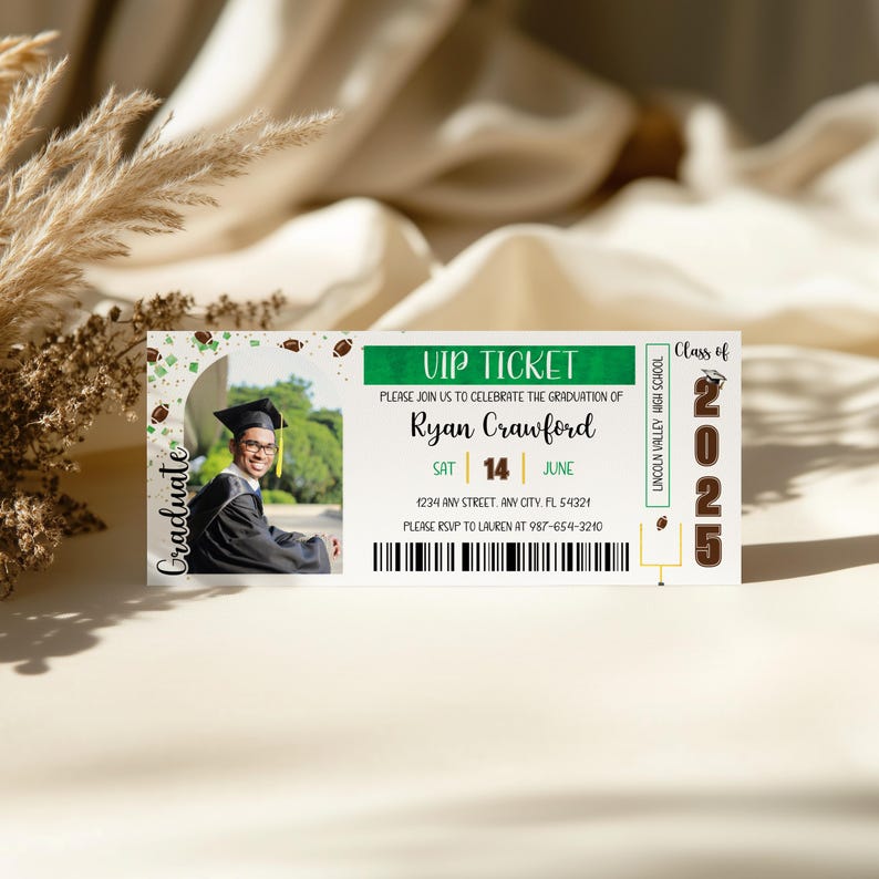 Professional Grad Tickets EDITABLE Football Graduation Photo Ticket Invitation Template, High ...
