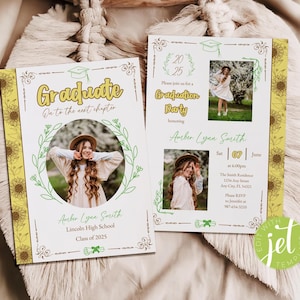Modèle d'invitation modifiable pour l'obtention du diplôme d'études secondaires, au chapitre suivant, faire-part de remise des diplômes tournesol jaune, carte avec photo de remise des diplômes