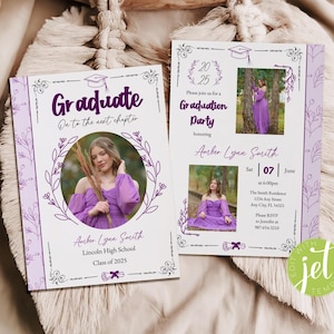 Modèle d'invitation à l'obtention du diplôme d'études secondaires MODIFIABLE, livre d'histoires, diplômé, au chapitre suivant, invitation de diplômé violet, carte photo pour diplômé