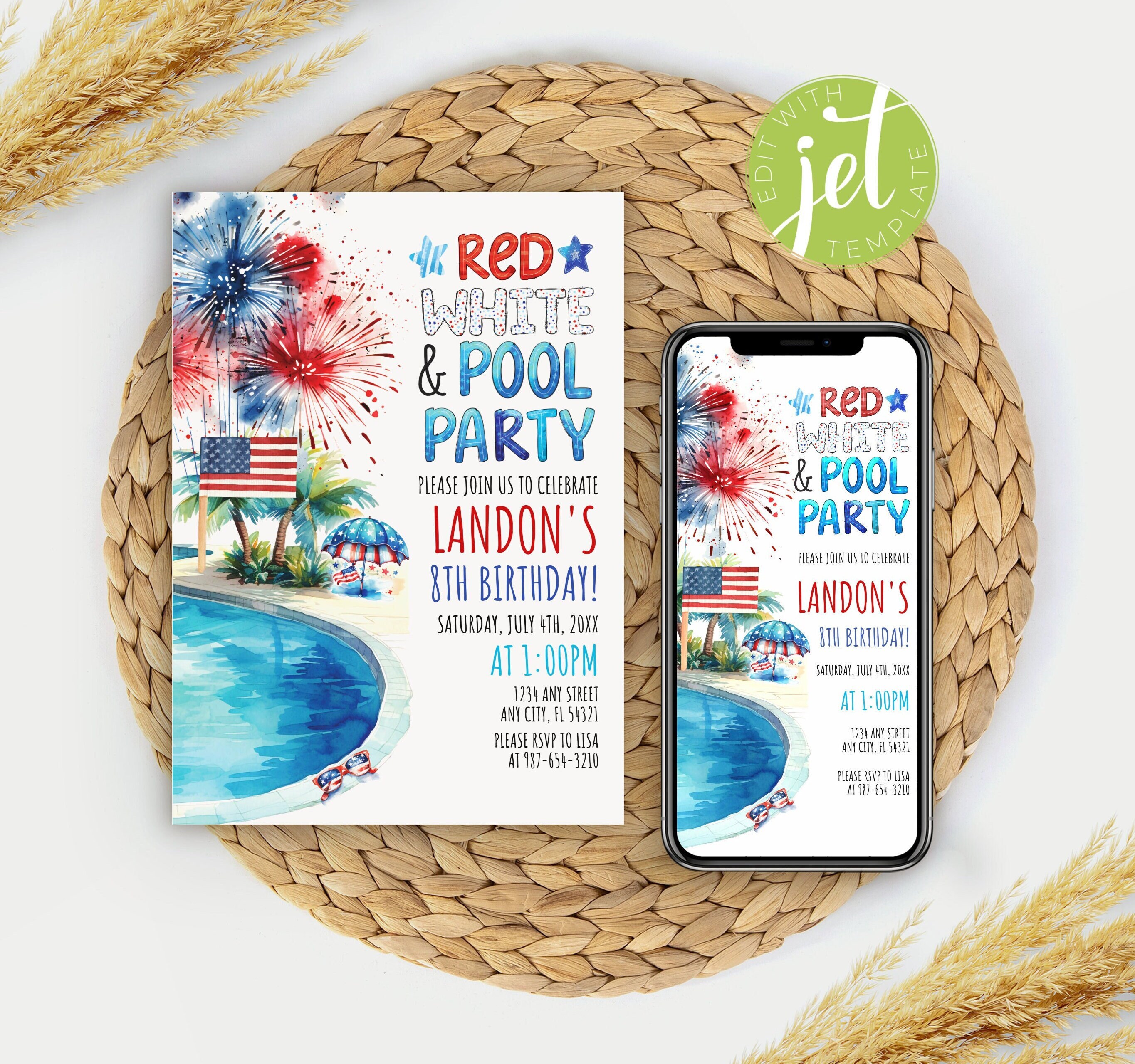 EDITABLE Red, White and Pool Party Invitation Template, 4th of July ...