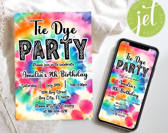 EDITABLE Tie Dye Rainbow Birthday Invitation Template, Colorful Invite, Girl Birthday, Any Age, Rainbow Party, Watercolor Evite, Printable