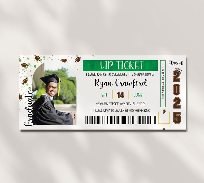 Professional Grad Tickets EDITABLE Football Graduation Photo Ticket Invitation Template, High ...