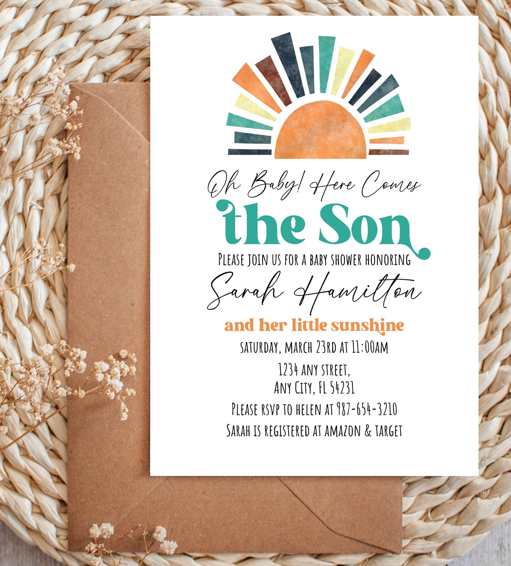 EDITABLE Here Comes the Son Baby Shower Invitation, Sunshine Baby