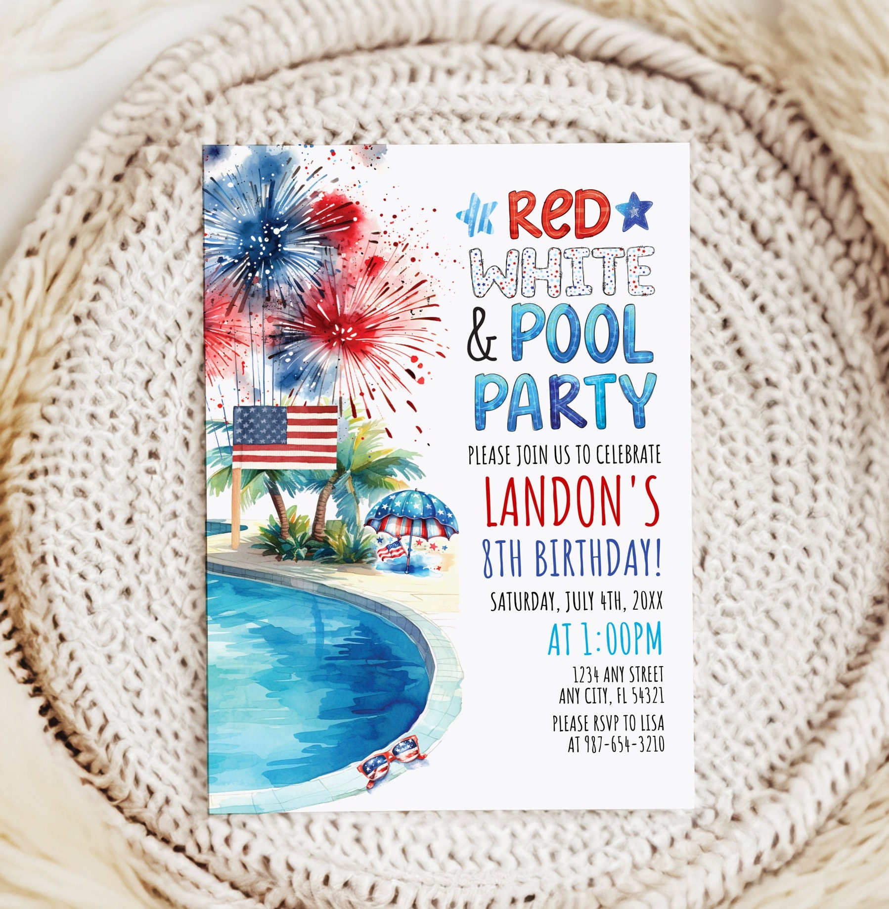 EDITABLE Red, White and Pool Party Invitation Template, 4th of July ...