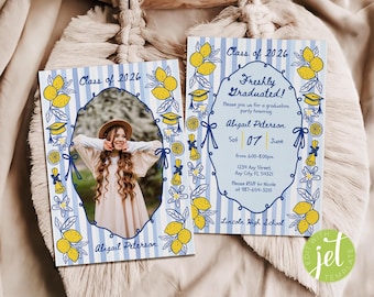 Modelo de convite editável para recém-formados, convite de formatura azul e amarelo, festa de formatura com tema de limão, formando, anúncio para imprimir