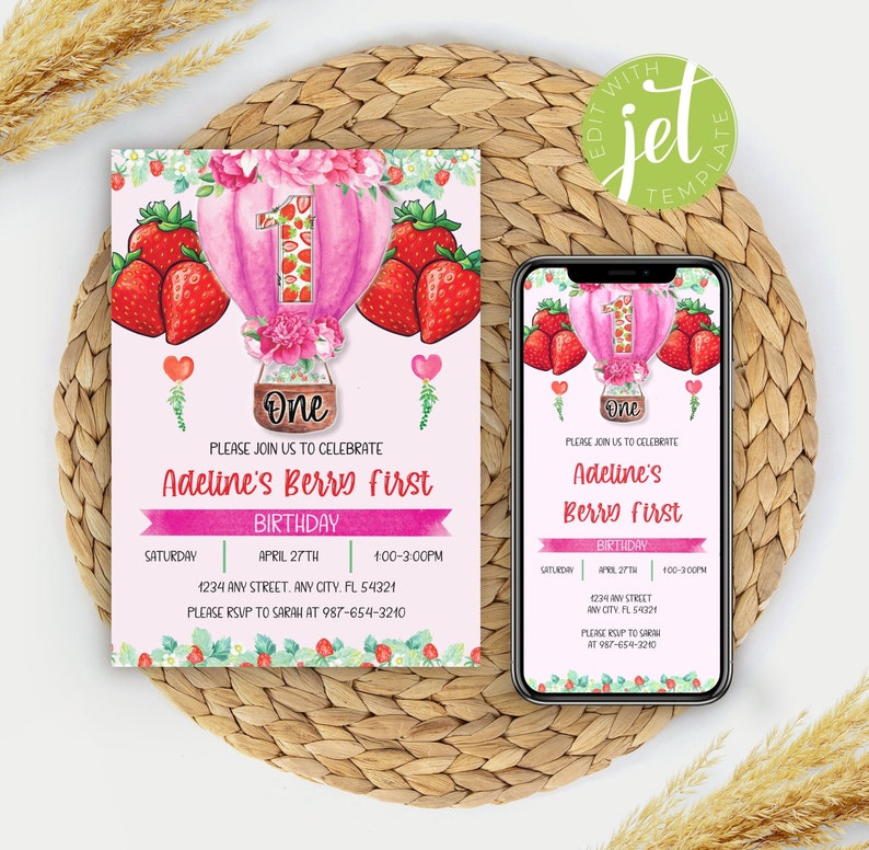EDITABLE Berry First Birthday Invitation Template, Strawberry 1st ...
