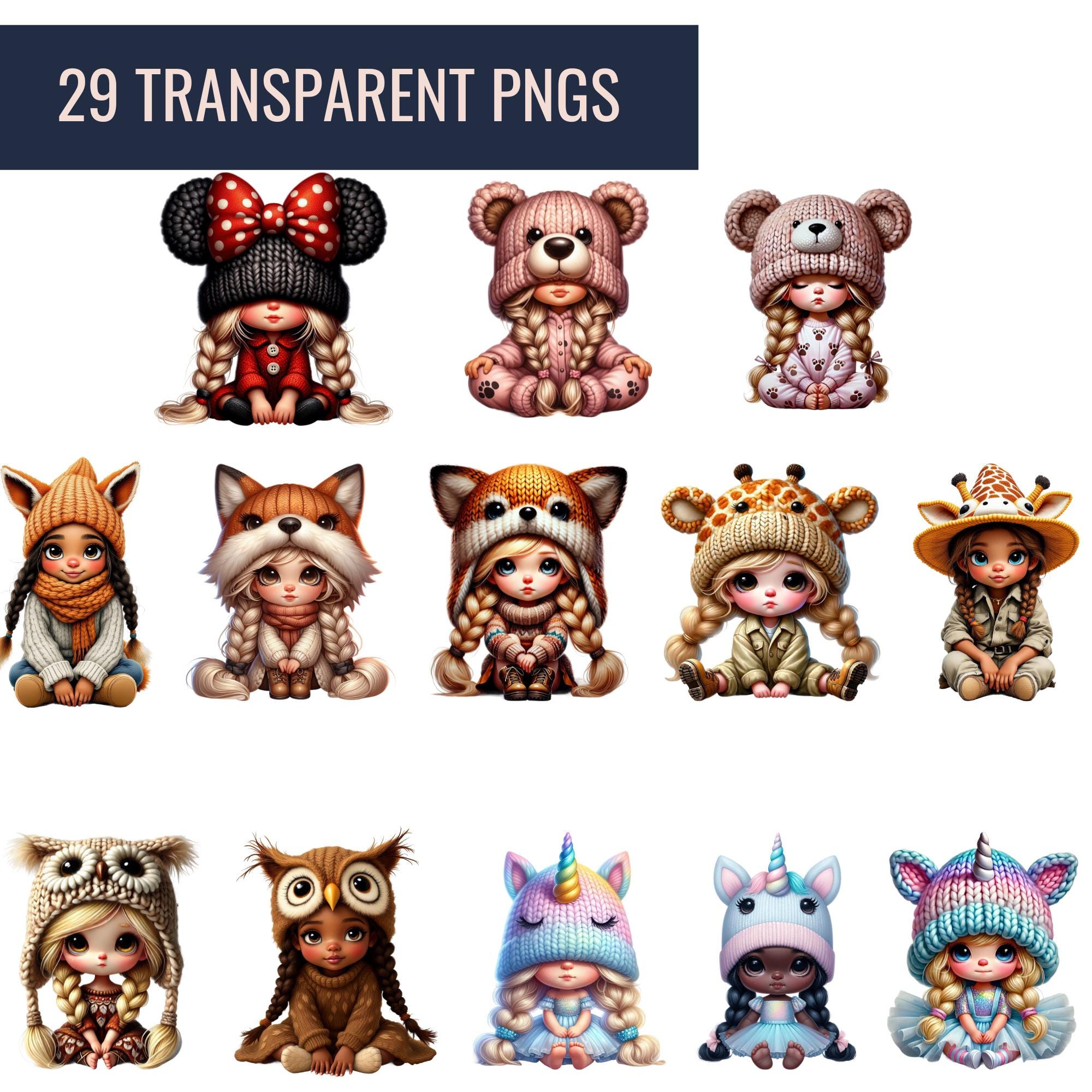 Knit Hat Chibi Girl Clipart: 29 Woolly Ai-hand Finished PNG Images - Etsy