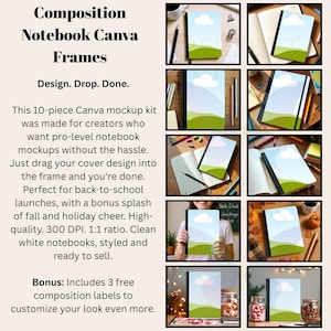 May include: A collection of composition notebook Canva frames. The image includes multiple mockups of notebooks with a landscape design. Text on the image reads "Composition Notebook Canva Frames" and "Design. Drop. Done."