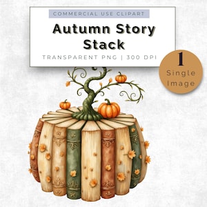 Könnte beinhalten: Illustration eines Bücherstapels in Kürbisform mit einem Baum und Kürbissen oben. Das Bild enthält den Text "Autumn Story Stack" und "Commercial Use Clipart". Die Bücher sind in verschiedenen Farben gehalten, und die Kürbisse sind orange.