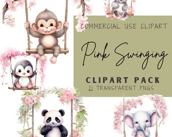 Pink Pastel Swinging Animals Clipart: 21 PNG Graphics (Instant Download)