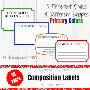 Puede incluir: Etiquetas de composición en varias formas y colores. La imagen muestra etiquetas con el texto "THIS BOOK BELONGS TO" y "COMPOSITION BOOK". Las etiquetas son de color verde, azul, naranja y rojo. La imagen también incluye el texto "3 Different Styles", "4 Different Shapes" y "Primary Colors".
