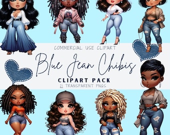Clipart Chic Denim Chibi: 21 grafiche di moda PNG (download immediato)