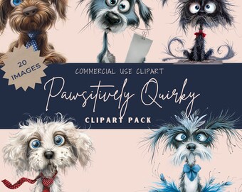 Clipart de cachorro peculiar: 20 ilustrações PNG de cães excêntricos (300 DPI)