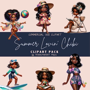 38 African American Summer Lovin Chibi Clipart PNG Trendy Stylish POD Digital, Planner Cover, Graphics Sublimation Digital Sticker Ca022