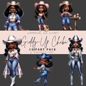 31 Cowgirl afroamericana Chibi PNG trasparenti alla moda Stampa su richiesta Pacchetto di grafica digitale Sublimazione Adesivo digitale Ca023