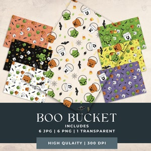 Könnte beinhalten: Sechs digitale Papiermuster mit Halloween-Thema mit verschiedenen Designs von grünen, orangefarbenen und weißen Eimern mit Geistern, Fledermäusen, Spinnen und Maisbonbons. Der Text "BOO BUCKET" wird in großen Buchstaben am unteren Rand des Bildes angezeigt.