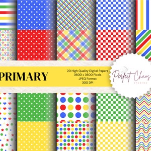 Primary Colors Digital Paper Pack: Rainbow, Stripes, Dots (Digital Download)
