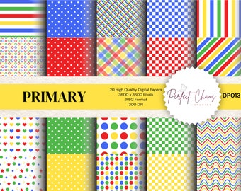 Primary Colors Digital Paper Pack: Rainbow, Stripes, Dots (Digital Download)