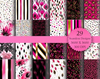 Pink & Schwarz Digital Paper Pack: Nahtlose Muster (Digitaler Download)