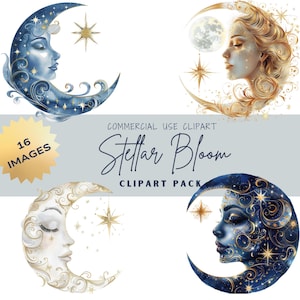 Celestial Gold And Blue Overlays clipart, 16 300 DPI, PNG Gorgeous Cosmic Boho Lady Faces, Magic Moon Stars, Instant Download Commercial Use