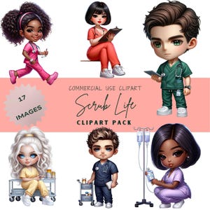 Scrub Life Chibi Pack - 16 hochwertige Krankenschwester Jungen & Mädchen PNGs, süße Krankenschwester Clipart, medizinische Chibi Bilder für Aufkleber, Sublimationshandwerk