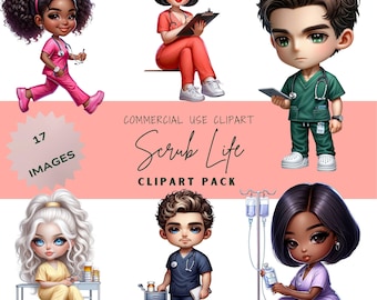 Krankenschwester Chibi Clipart: Scrub Life PNG Pack (Digitaler Download)