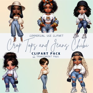 Crop Top Chibi Clipart: Fashion Girl PNG Stickers (Digital Download)