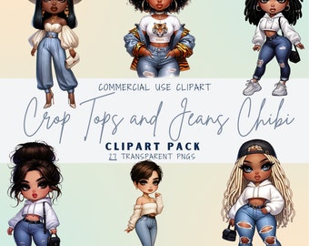 Clipart de Chibi con Top Corto: Pegatinas PNG de Chica de Moda (Descarga Digital)