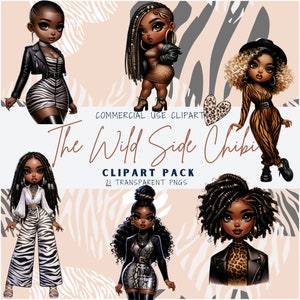 21 Chibi afroamericanos Clipart Lado salvaje Transparente PNG Moda Elegante Impresión bajo demanda Gráficos digitales Sublimación Pegatina digital Ca020