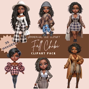 35 Clipart di ragazza nera, Clipart di ragazza chibi, Clipart di ragazza afro, Clipart di ragazza autunnale, Clipart di bella ragazza, Grafica di ragazza nera, Chibi autunnale CA036
