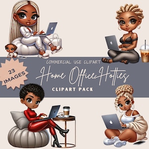 23 Home Office Hotties Chibi African American Clipart 300 DPI PNGs with Commercial Rights Bundle Fashionable Black Girl Art Stickers Ca037