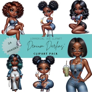 Chibi Clipart Bundle | Denim Kawaii Chibi Characters | Cute Blue Jean PNGs | Anime Style Girl Graphics | Commercial Use