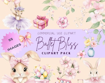Watercolor Ballerina Bunny Clipart Bundle: Floral Easter PNG (Digital Download)