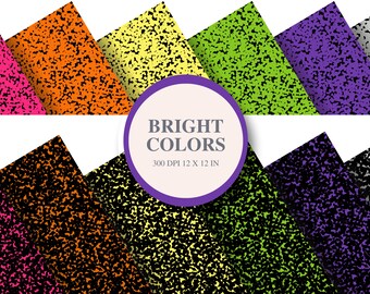 Könnte beinhalten: Ein Set mit 12 digitalen Papiermustern in leuchtenden Farben mit einer gesprenkelten Textur. Die Papiere sind 30,48 cm x 30,48 cm groß und haben eine Auflösung von 300 DPI. Die Farben umfassen Pink, Orange, Gelb, Grün, Lila und Grau.