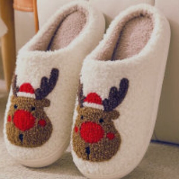 Joe Boxer Women's Christmas Reindeer Slippers – Plush Holiday Slippers With Sequins & Antlers