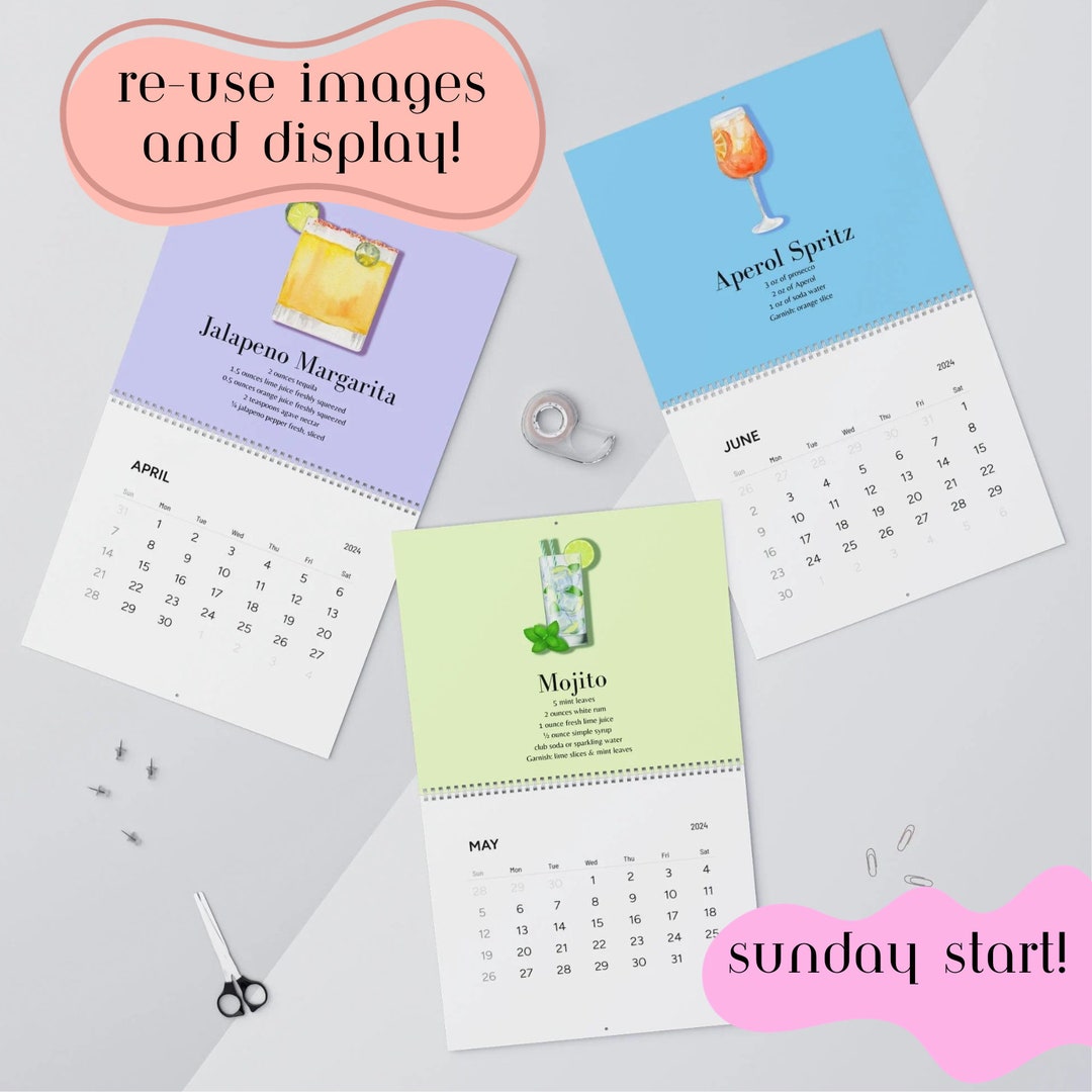2024 Cocktail Calendar 2024 Wall Calendar Cocktail Lover Gift Monthly