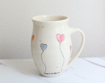 16 oz large porcelain mug with hand painted heart balloons, 16 oz mugs, porcelain mugs, valentines gifts, mug with hearts, gifts for her