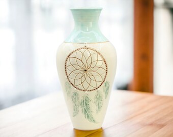 Dream Catcher Vase aus Porzellan mit 22 K Gold, handgemachte Vase, handbemalte Vase, Keramikvase, Blumenvase, Vase mit Gold, Vase mit Feder