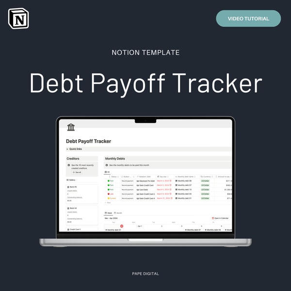 Notion Template, Debt payoff tracker, Debt tracker, Aesthetic notion, Notion notes, Notion budget, Finance budget, Savings tracker