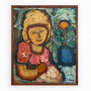 May include: An oil painting in a dark wood frame depicting a figure with blonde hair wearing a pink top. The artwork features thick, textured brushstrokes in shades of blue, green, yellow, and brown. The artist's signature is visible in the bottom right corner.
