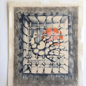 May include: A black and white lithograph print by Erik Olson dated 1974, featuring a stylized hand with an eye on the thumb behind a grid of bars. A bright orange circular sun is visible in the background. The print includes the text Epreuve d'artiste.