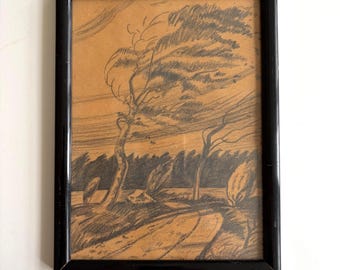 Boceto de paisaje vintage a grafito / Árboles sobre papel de tono cálido / Dibujo sin firmar en marco negro