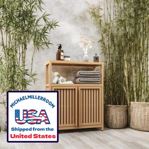 Bamboo bathroom storage cabinet, bamboo sideboard, bathroom floor cabinet with 2 shutter doors and open shelves, suitable for bathroom, etc.