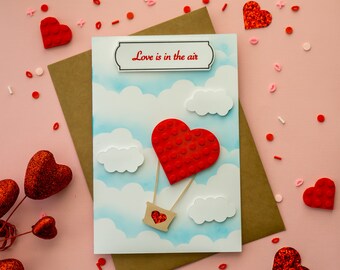 LEGO Valentine Card, Valentine Card, Love Is In The Air, Heart Shaped Air Balloon, Hot Air Balloon Love Card, Happy Valentine's Day