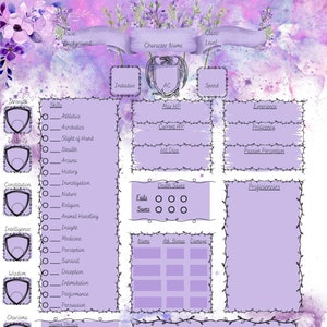 Purple floral Dungeons and Dragons character sheet for dnd beginner friendly