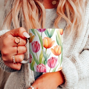 Beautiful Tulip Flowers Mug, Colorful Watercolor Tulips Pattern Mug, Spring Gardening Floral Coffee Cup, Colorful Flowers, Gift for Her Mom