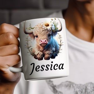 Custom Name Cute Highland Baby Cow Mug, Personalized Baby Cow Mug, Gift for Cow Lovers, personalized gift, Highland Cow Gift, Cow Coffee Cup
