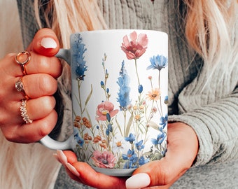 Watercolor Wildflower Ceramic Mug: Boho Cottagecore Coffee Cup